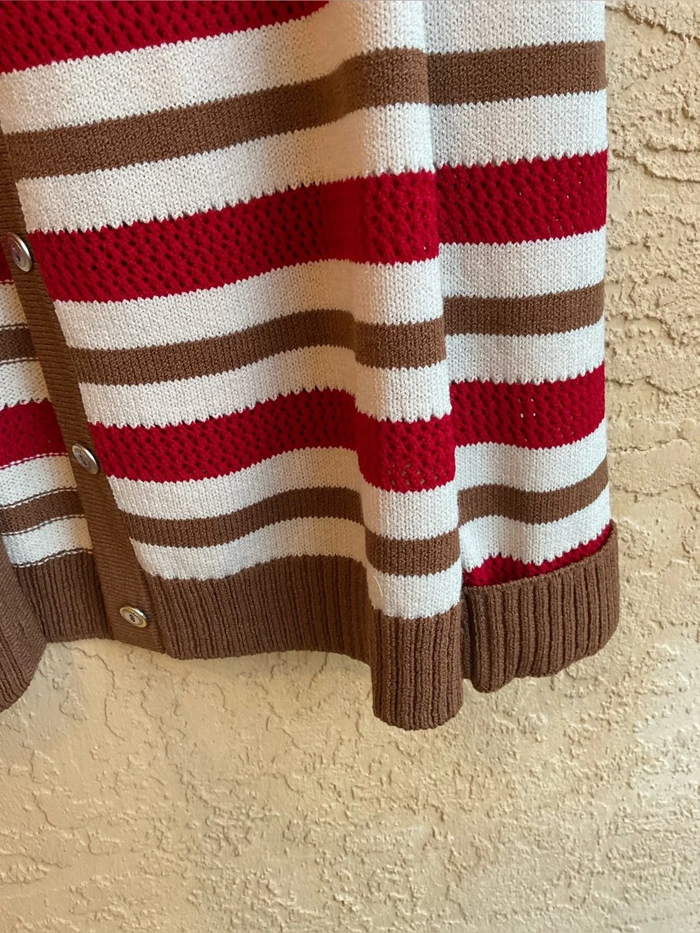 Vintage St. John Sport Striped Wool Blend Cardigan Sweater Red Ivory Camel MED - Picture 9 of 16